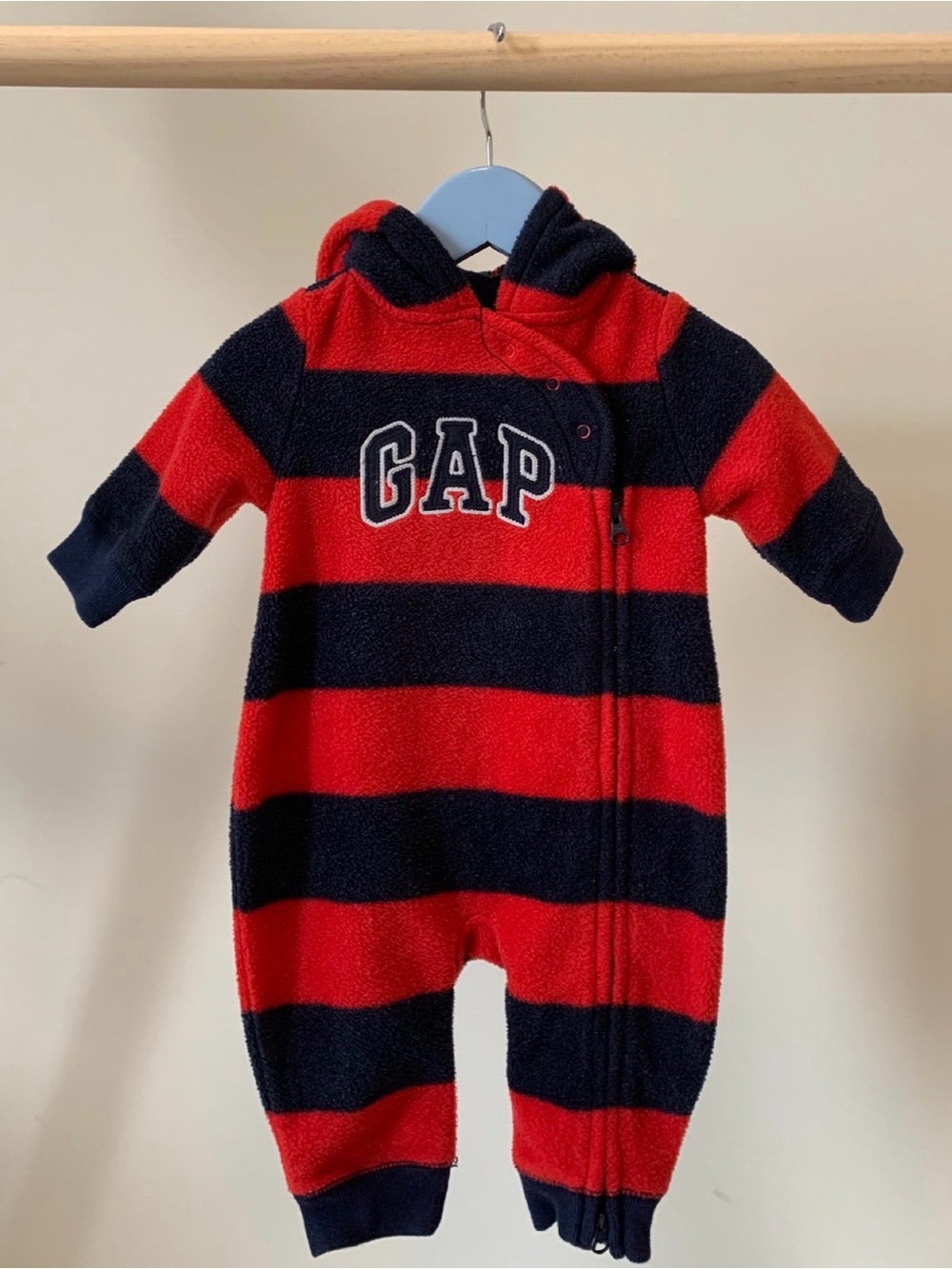 GAP Red and Navy Striped Hooded Baby One-Piece 3-6M